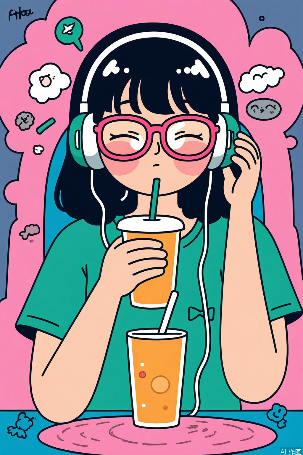 1girl, solo, blush, bangs, shirt, black hair, holding, closed eyes, upper body, short sleeves, glasses, signature, medium hair, cup, hands up, headphones, holding cup, drinking straw, green shirt, aqua shirt