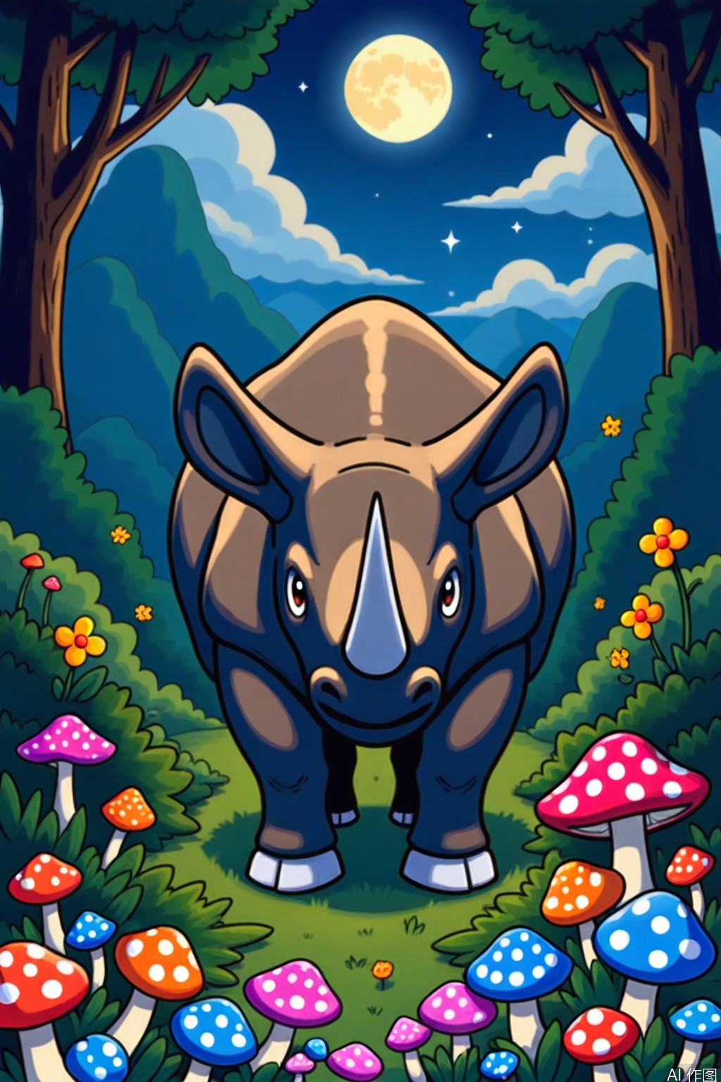 solo, flower, outdoors, horns, sky, cloud, tree, pokemon \(creature\), no humans, night, moon, grass, nature, single horn, full moon, mushroom