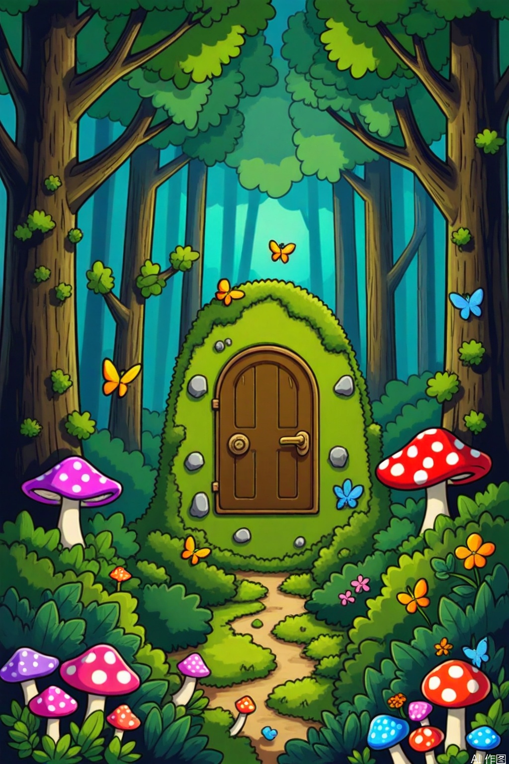 flower, outdoors, tree, no humans, bird, grass, bug, plant, butterfly, nature, scenery, forest, door, bush, mushroom, house, moss
