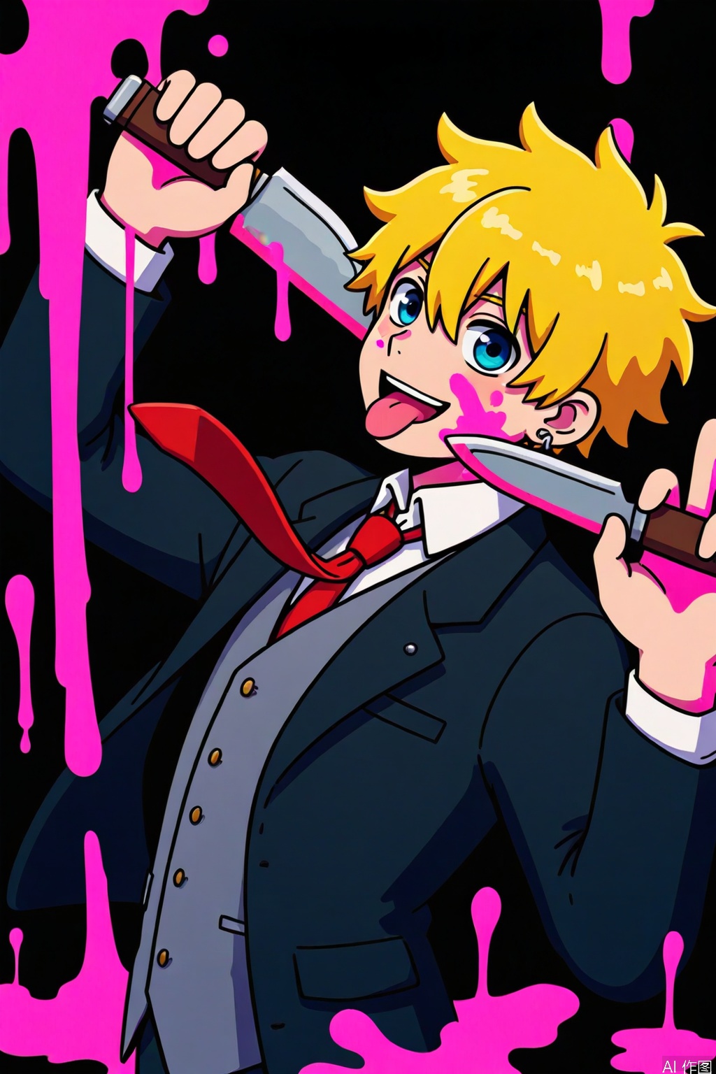 1boy, holding knife, blue eyes, jewelry, jacket, shirt, open mouth, hand up, simple background, hair between eyes, vest, knife, tongue, holding weapon, grey vest, upper body, necktie, solo, looking at viewer, smile, pink blood, weapon, dagger, open clothes, collared shirt, blood on face, tongue out, blonde hair, holding dagger, red necktie, white shirt, blood, short hair, holding, earrings, long sleeves, black jacket, dark theme