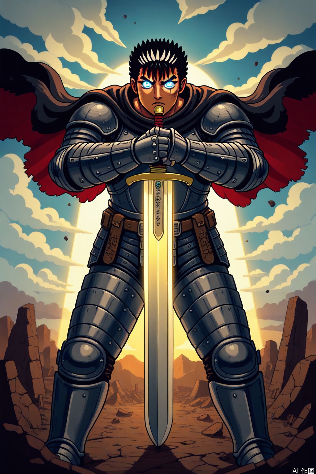 solo, looking at viewer, short hair, blue eyes, black hair, 1boy, holding, weapon, male focus, sword, cloud, cape, holding weapon, armor, glowing, scar, holding sword, gauntlets, glowing eyes, scar on face, serious, planted, planted sword, guts \(berserk\)