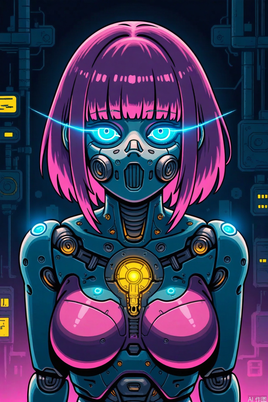 1girl, solo, breasts, looking at viewer, short hair, bangs, blue eyes, medium breasts, upper body, pink hair, medium hair, mask, glowing, glowing eyes, science fiction, android, joints, cyborg, cyberpunk, mechanical parts