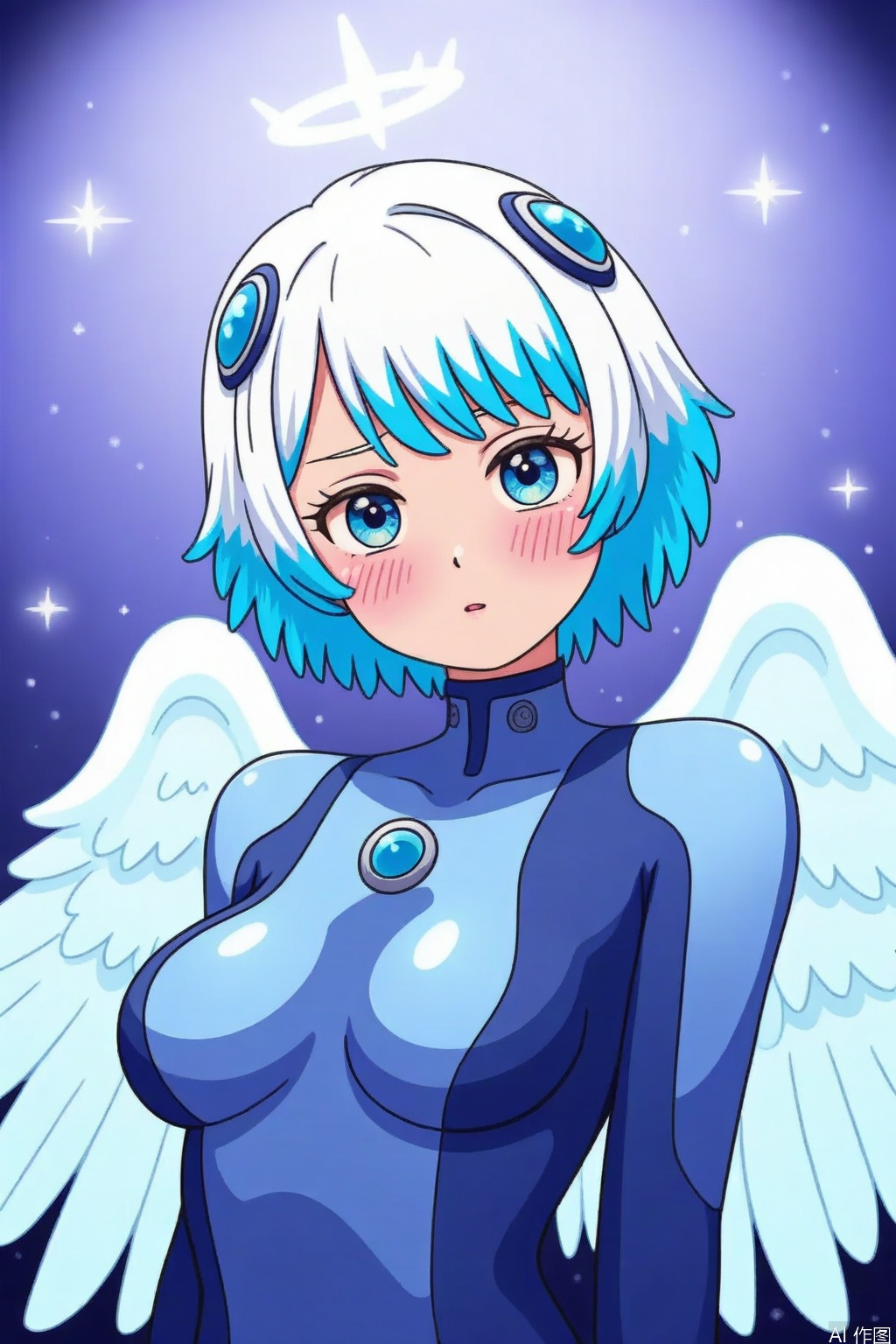 1girl, solo, breasts, looking at viewer, blush, short hair, bangs, blue eyes, medium breasts, blue hair, upper body, white hair, multicolored hair, wings, bodysuit