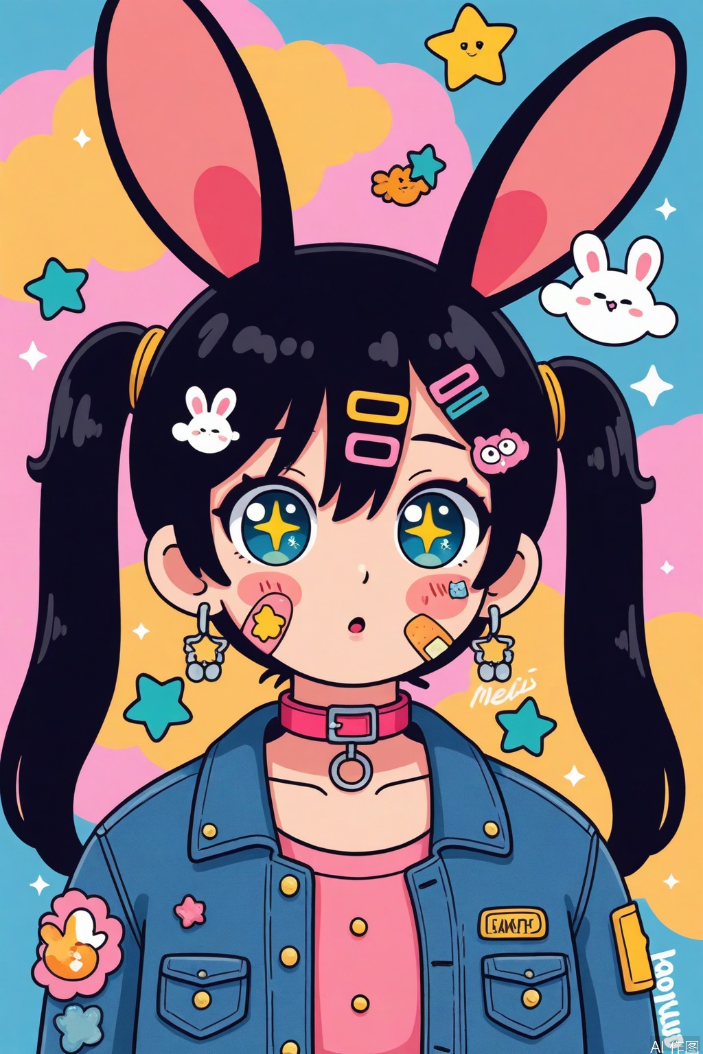 1girl, solo, long hair, looking at viewer, blush, open mouth, bangs, blue eyes, shirt, black hair, hair ornament, animal ears, hair between eyes, twintails, jewelry, collarbone, jacket, upper body, earrings, parted lips, open clothes, choker, hairclip, artist name, signature, star \(symbol\), rabbit ears, :o, collar, open jacket, symbol-shaped pupils, buttons, denim, blue jacket, bandaid, pocket, pink shirt, + +, bandaid on face, star-shaped pupils, bandaid on cheek, denim jacket