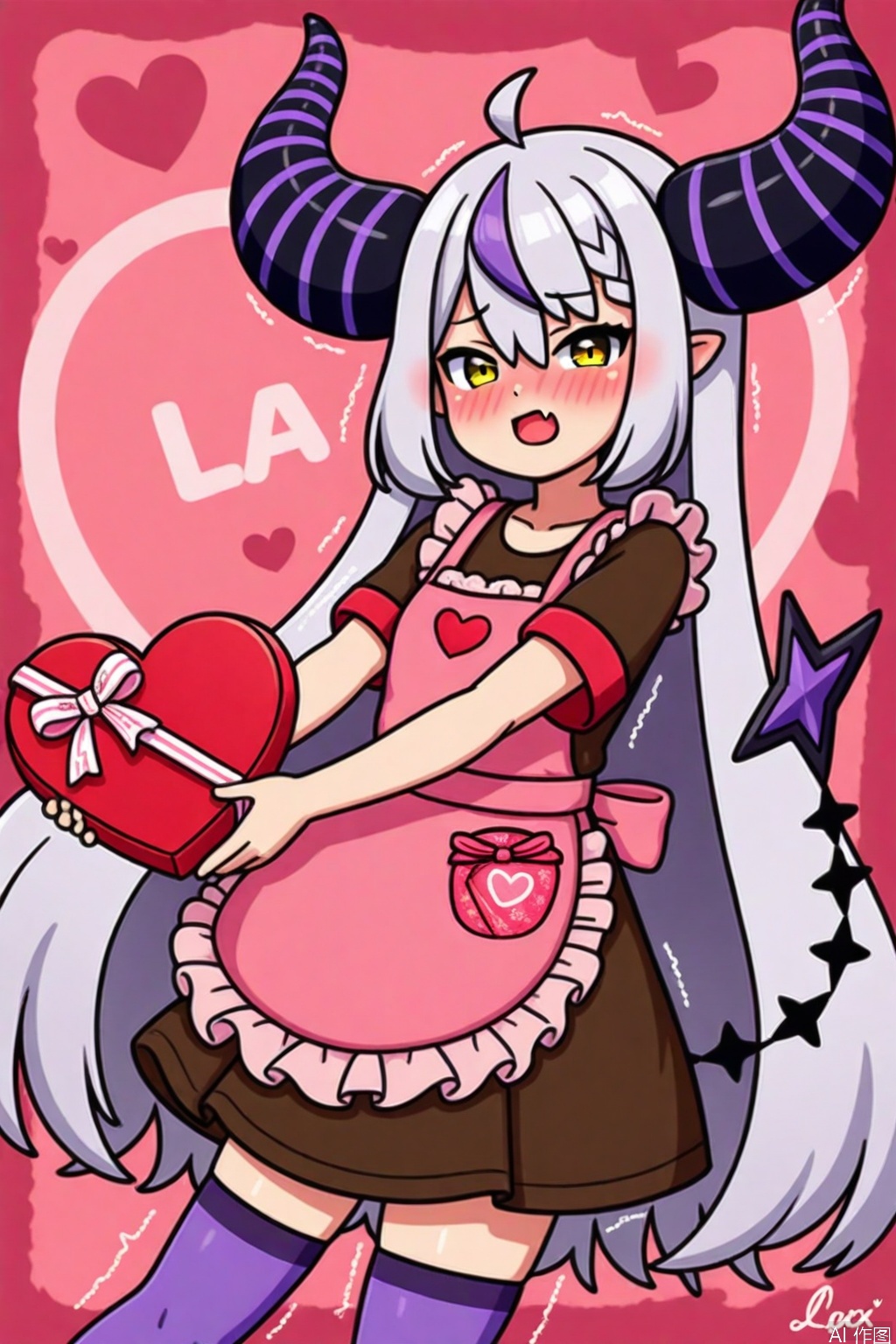 1girl, solo, long hair, looking at viewer, blush, open mouth, bangs, thighhighs, dress, holding, hair between eyes, very long hair, tail, yellow eyes, purple hair, braid, ahoge, short sleeves, grey hair, heart, multicolored hair, frills, horns, pointy ears, fang, virtual youtuber, signature, apron, zettai ryouiki, streaked hair, embarrassed, trembling, demon horns, box, gift, skin fang, frilled apron, valentine, gift box, purple thighhighs, heart-shaped box, pink apron, striped horns, la+ darknesss