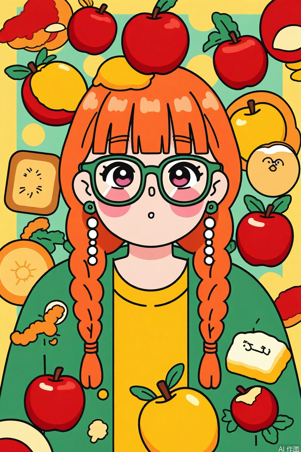 1girl, solo, long hair, looking at viewer, blush, bangs, shirt, twintails, jewelry, upper body, braid, earrings, food, glasses, blunt bangs, orange hair, twin braids, fruit, apple, object on head, food on head
