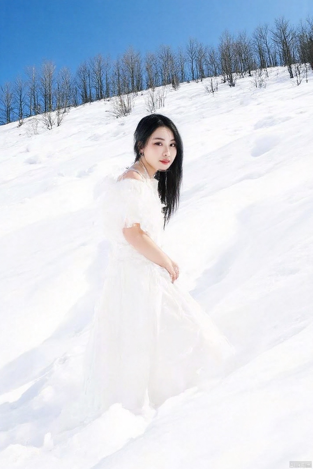 The image depicts a person standing in a snowy landscape. The individual is wearing a long
white dress with a voluminous
ruffled design on the shoulders and sleeves. The person has long
dark hair and is positioned slightly to the right of the center of the image. The background consists of a snow-covered hill with leafless trees
suggesting a winter setting. The sky is clear and blue
providing a stark contrast to the white snow.

