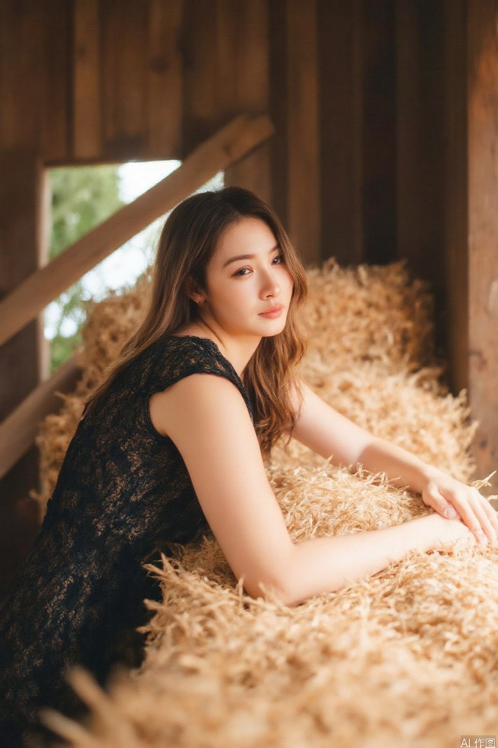 The image shows a person lying on a large pile of hay. The person is wearing a black lace dress and has long
wavy hair. They are resting their head on their arms
which are propped up on the hay. The background consists of wooden structures
possibly part of a barn or shed
with a partially visible tree in the distance. The lighting suggests it is daytime
with natural light illuminating the scene.

