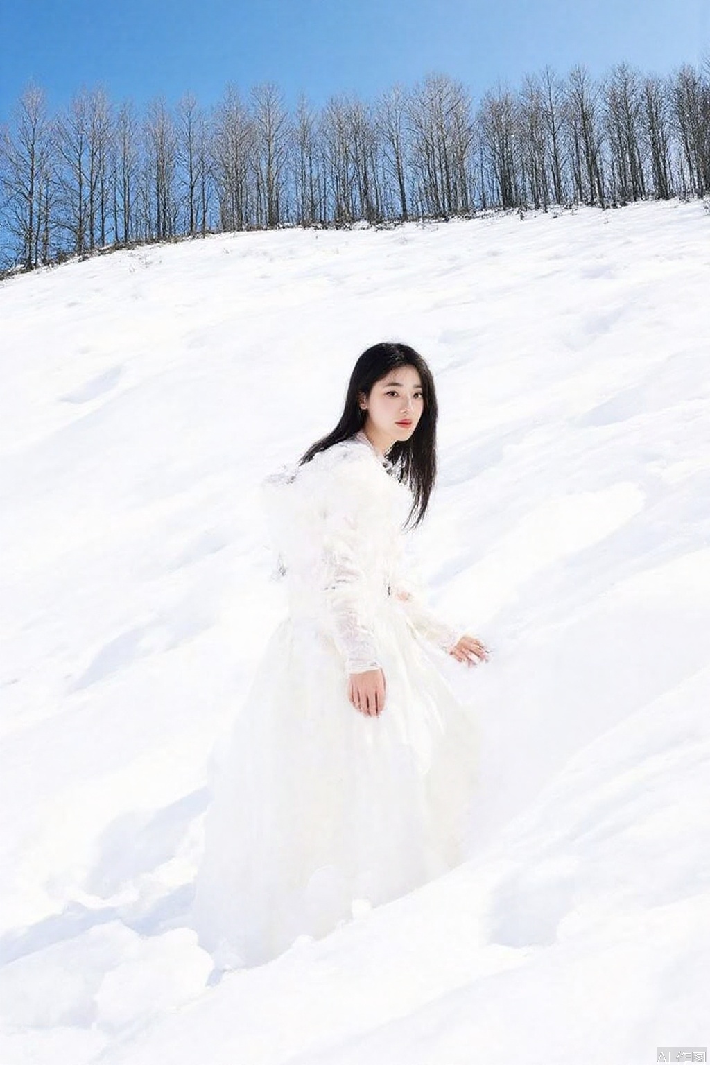 The image depicts a person standing in a snowy landscape. The individual is wearing a long
white dress with a voluminous
ruffled design on the shoulders and sleeves. The person has long
dark hair and is positioned slightly to the right of the center of the image. The background consists of a snow-covered hill with leafless trees
suggesting a winter setting. The sky is clear and blue
providing a stark contrast to the white snow.
