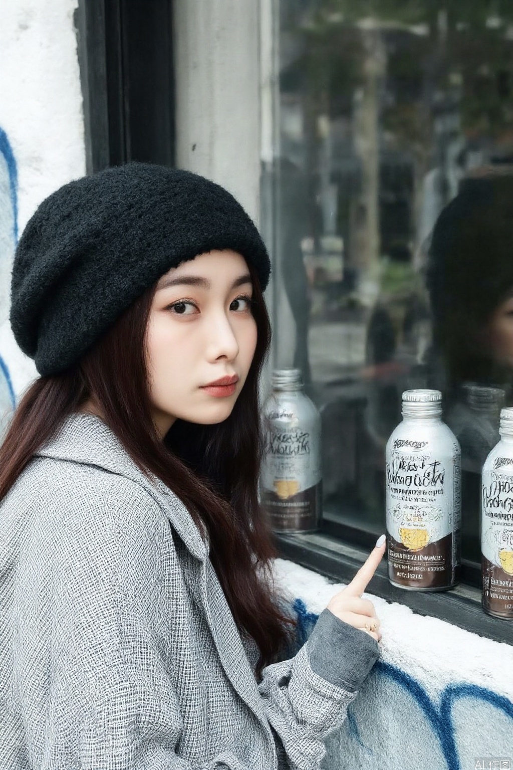 The image shows a person wearing a black beanie and a checkered grey jacket
standing in front of a window. The person is pointing at two small bottles of "Mango & Coconut Milk" drink placed on the windowsill. The background includes a white wall with blue graffiti. The person appears to be in an urban setting
possibly outside a shop or café.

