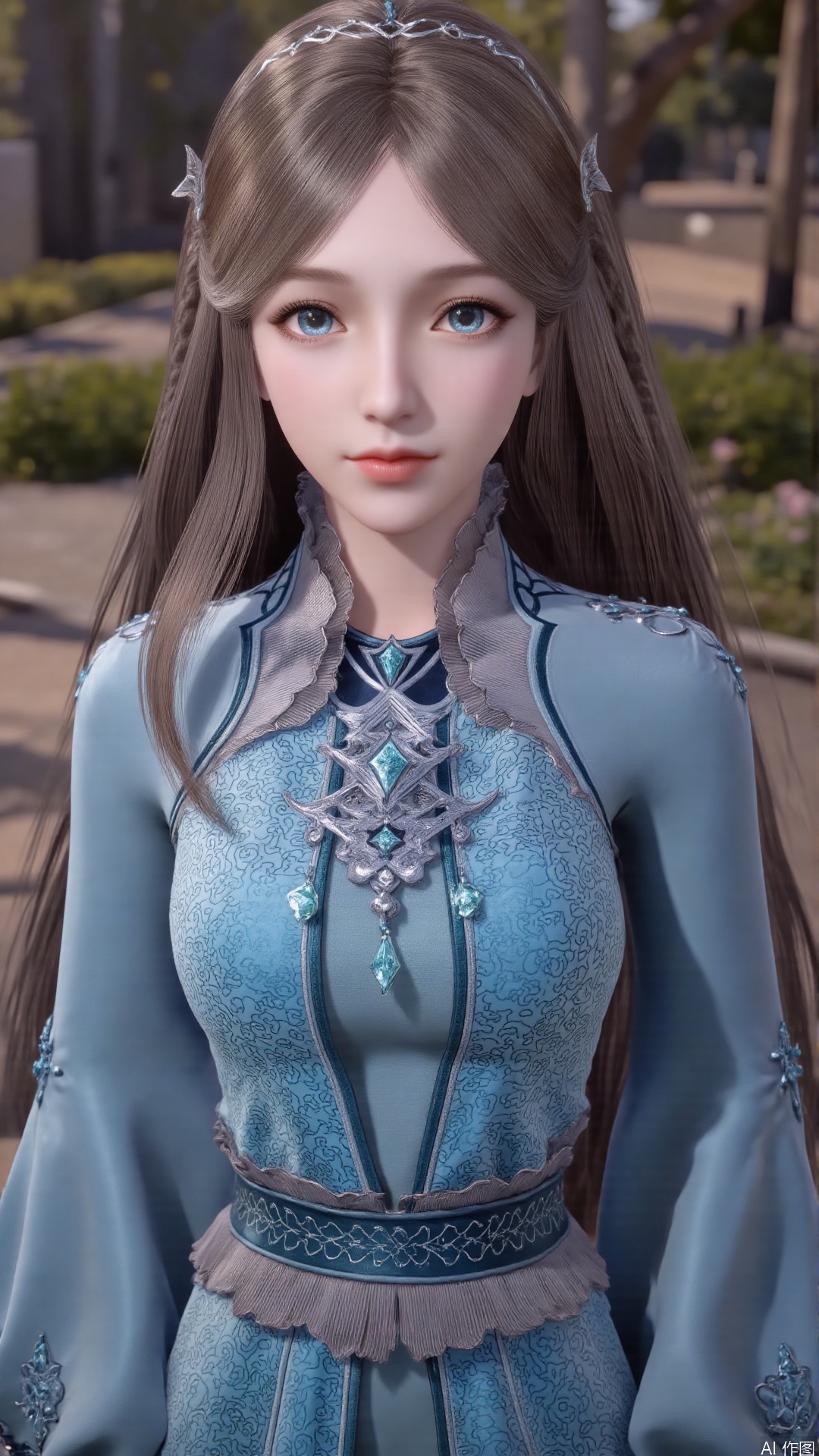 1girl, long hair, solo, dress, brown hair, jewelry, blue dress, blue eyes, hair ornament, mischevious smile, perfect body, scenery, sharp focus, best quality, masterpiece, detailed outfit, illustration, perfect eyes, finely detailed beautiful anime eyes, realistic skin, intricate details, best lighting, depth of field, ultra high resolution,cowboy_shot