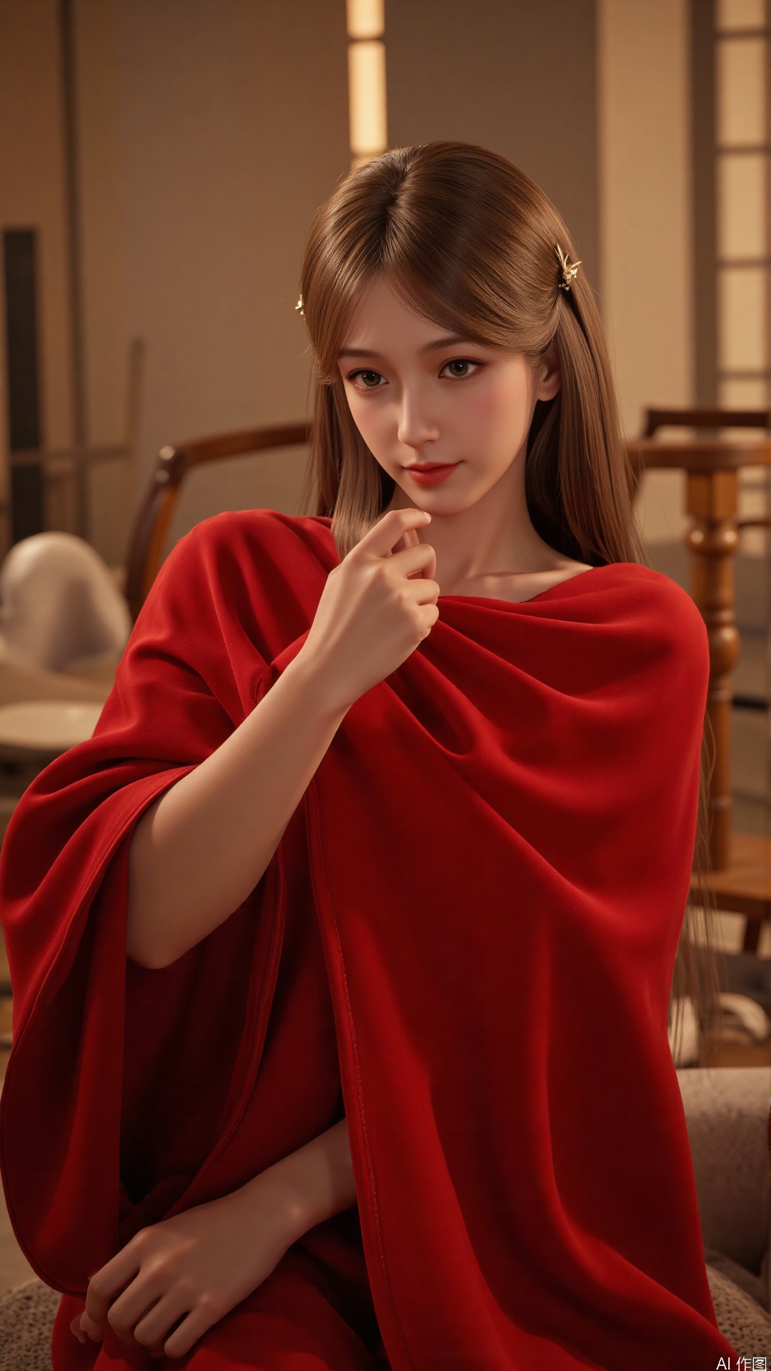 A stunning 18-year-old Chinese woman wraps herself in a vibrant red scarf, posing seductively against a sleek, modern backdrop. Soft, golden lighting accentuates her porcelain complexion and luscious locks. The camera captures the dramatic play of shadows on her features as she confidently flaunts her curves.