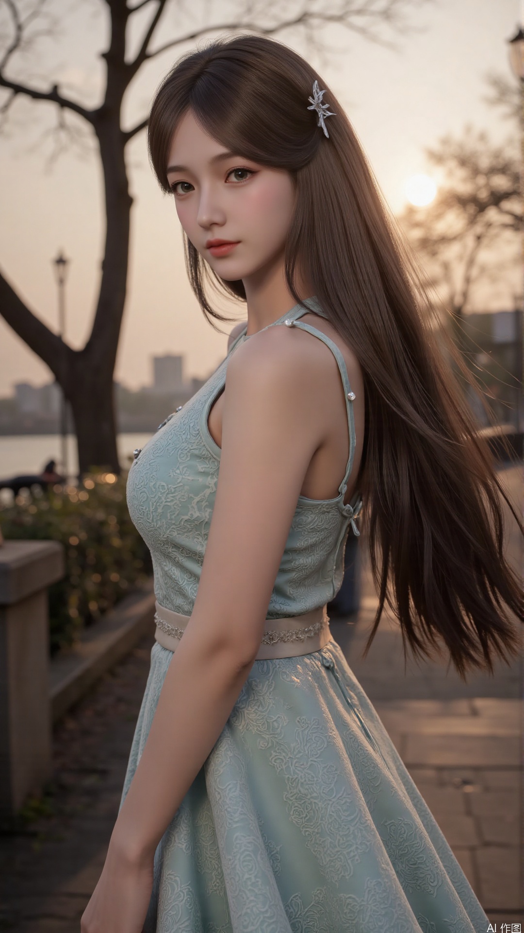  a asian woman, sexy long hair, charming and seductive temperament, distant close-up, golden ratio, movie texture, minimalism, high-end feeling, strong contrast between cold and warm, outdoor scenes, 