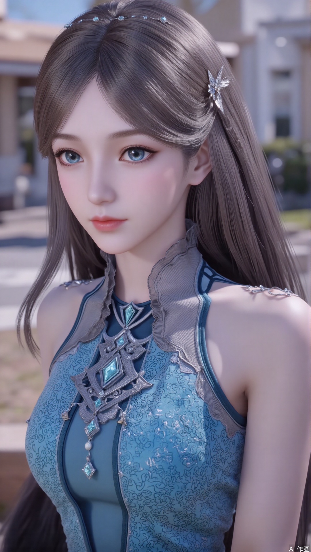 1girl, long hair, solo, dress, brown hair, jewelry, blue dress, blue eyes, hair ornament, mischevious smile, perfect body, scenery, sharp focus, best quality, masterpiece, detailed outfit, illustration, perfect eyes, finely detailed beautiful anime eyes, realistic skin, intricate details, best lighting, depth of field, ultra high resolution,cowboy_shot