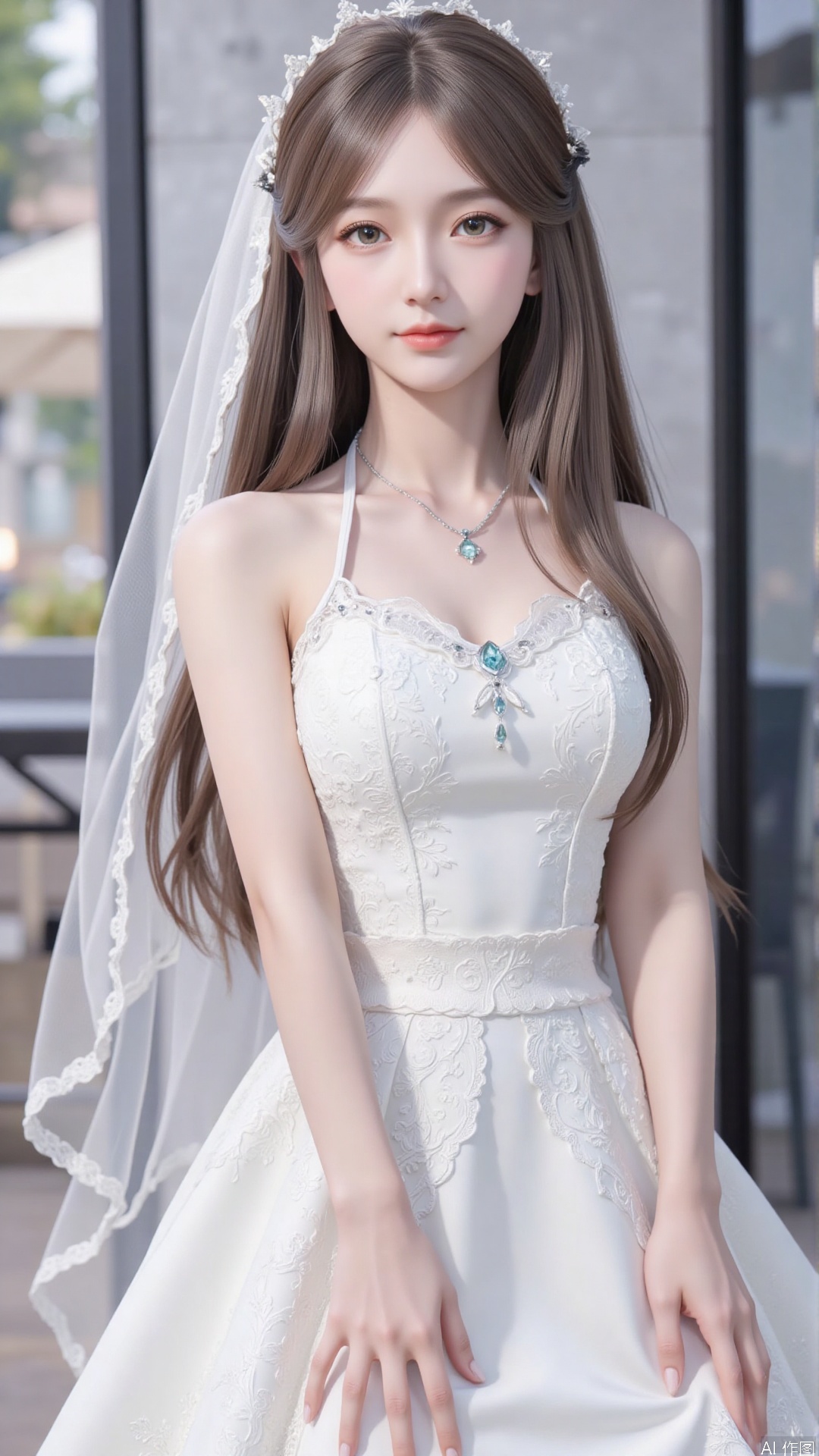 1girl, white wedding dress,looking at viewer, mischevious smile, perfect body, scenery, sharp focus, best quality, masterpiece, detailed outfit, illustration, perfect eyes, finely detailed beautiful anime eyes, realistic skin, intricate details, best lighting, depth of field, ultra high resolution, cowboy_shot, bride