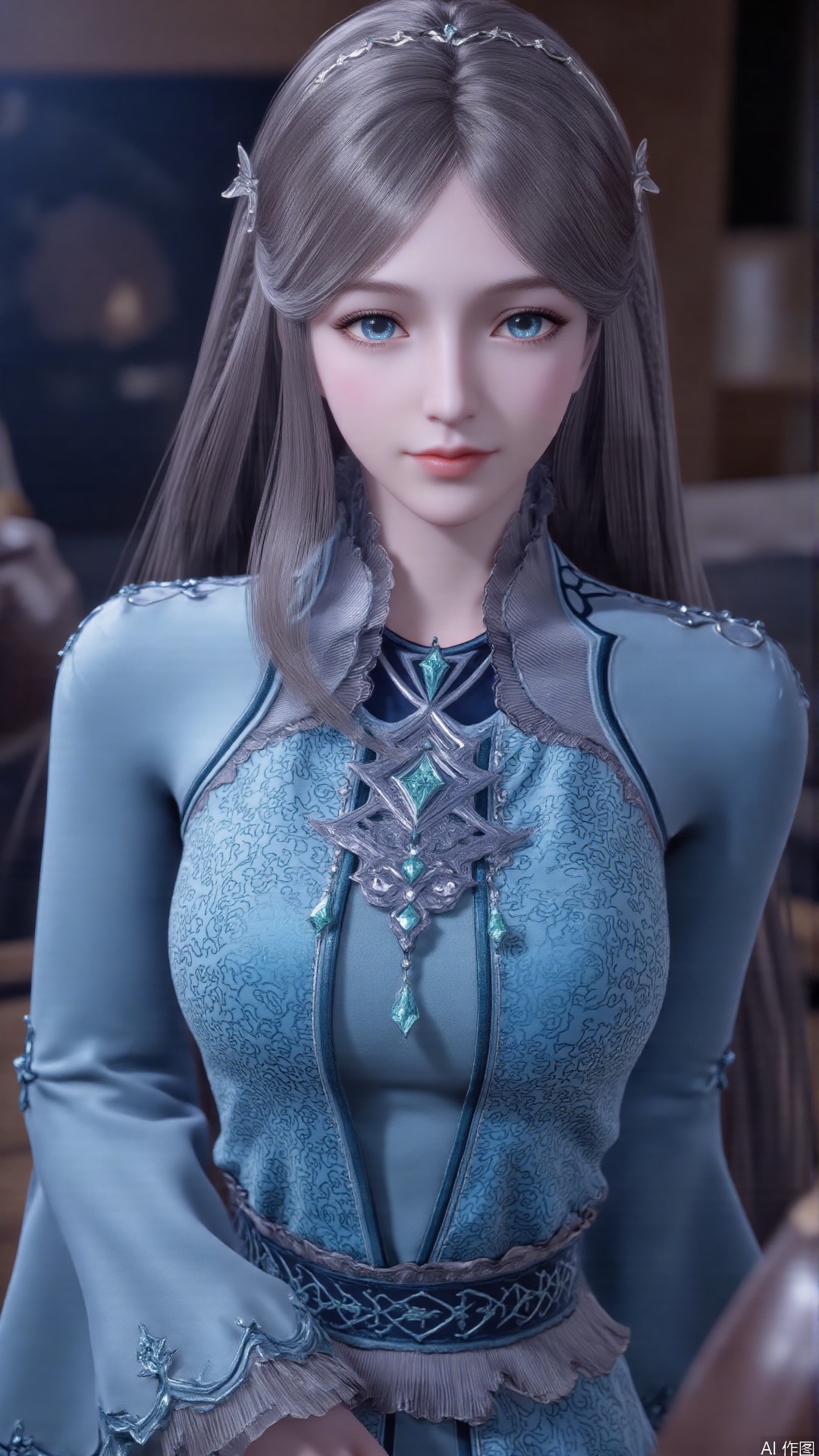 1girl, long hair, solo, dress, brown hair, jewelry, blue dress, blue eyes, hair ornament, mischevious smile, perfect body, scenery, sharp focus, best quality, masterpiece, detailed outfit, illustration, perfect eyes, finely detailed beautiful anime eyes, realistic skin, intricate details, best lighting, depth of field, ultra high resolution,cowboy_shot