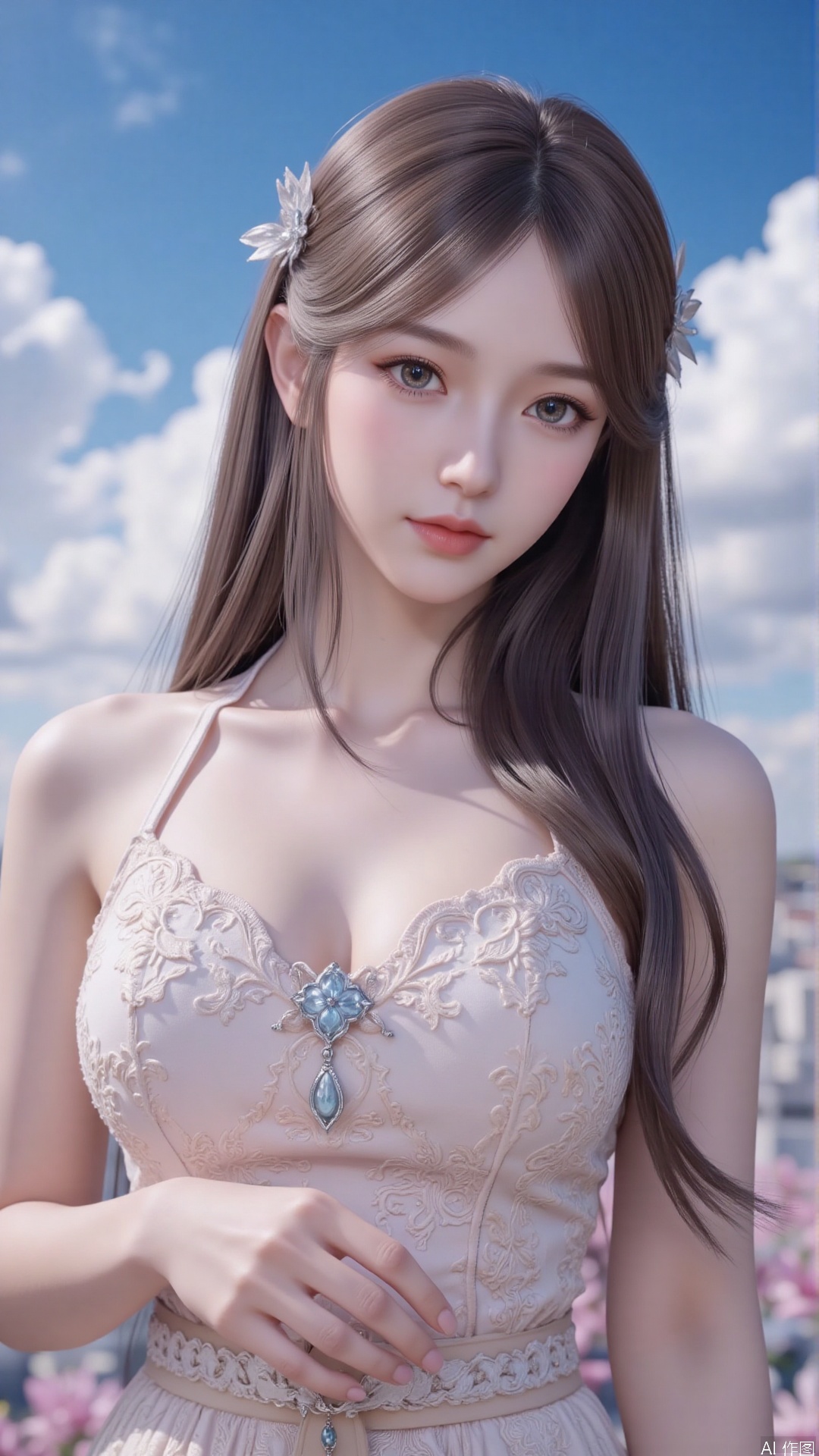 Very detailed face, extremely detailed eyes and face, (vacuum), 8K wallpaper, light leak, beautiful and detailed girl, extremely detailed CGUnity8K wallpaper, an extremely detailed and beautiful, beautiful and detailed eyes, masterpiece, best quality, Real photo level, (frontal shooting panoramic perspective), ( (Full body photo)), dynamic angle, dynamic pose, solo, ancient style silver hairpin with petals, blue sky and white clouds, (C cup), (huge round breasts), slender legs, super good figure, stunning beauty, (whole body in the mirror) , (wearing Lolita nightgown), (light reflects the shadow of the body through the clothes),vacuum,bare and smooth