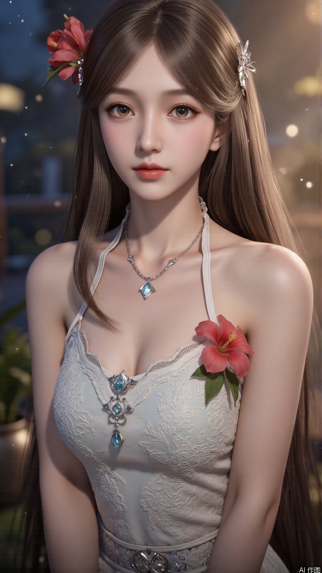 1girl, solo, long hair, breasts, looking at viewer, blush, open mouth, bangs, brown hair, hair ornament, dress, bare shoulders, brown eyes, medium breasts, collarbone, flower, parted lips, hair flower, water, white dress, sleeveless dress, leaf, plant, red flower, partially submerged, hibiscus
,backlighting,depth of field,cinematic lighting,light particles,lens flare, (artist:quasarcake:0.8),extreme aesthetic,(wlop:0.6),masterpiece,best quality,good quality,newest,very aesthetic,absurdres,Visual impact,A shot with tension, ultra-high resolution,32K UHD,sharp focus,best-quality,masterpiece,Emotionalization,unconventional supreme masterpiece,masterful details,temperate atmosphere,with a high-end texture,in the style of fashion photography, (alzi xiaomI:1.2),(mogumo:1.1),(good hands, nice hands:0.5),giving the poster a dynamic and visually striking appearance,impactful picture,offcial art,colorful,movie perspective, masterpiece,best quality,amazing quality,very aesthetic,absurdres,best quality,newest