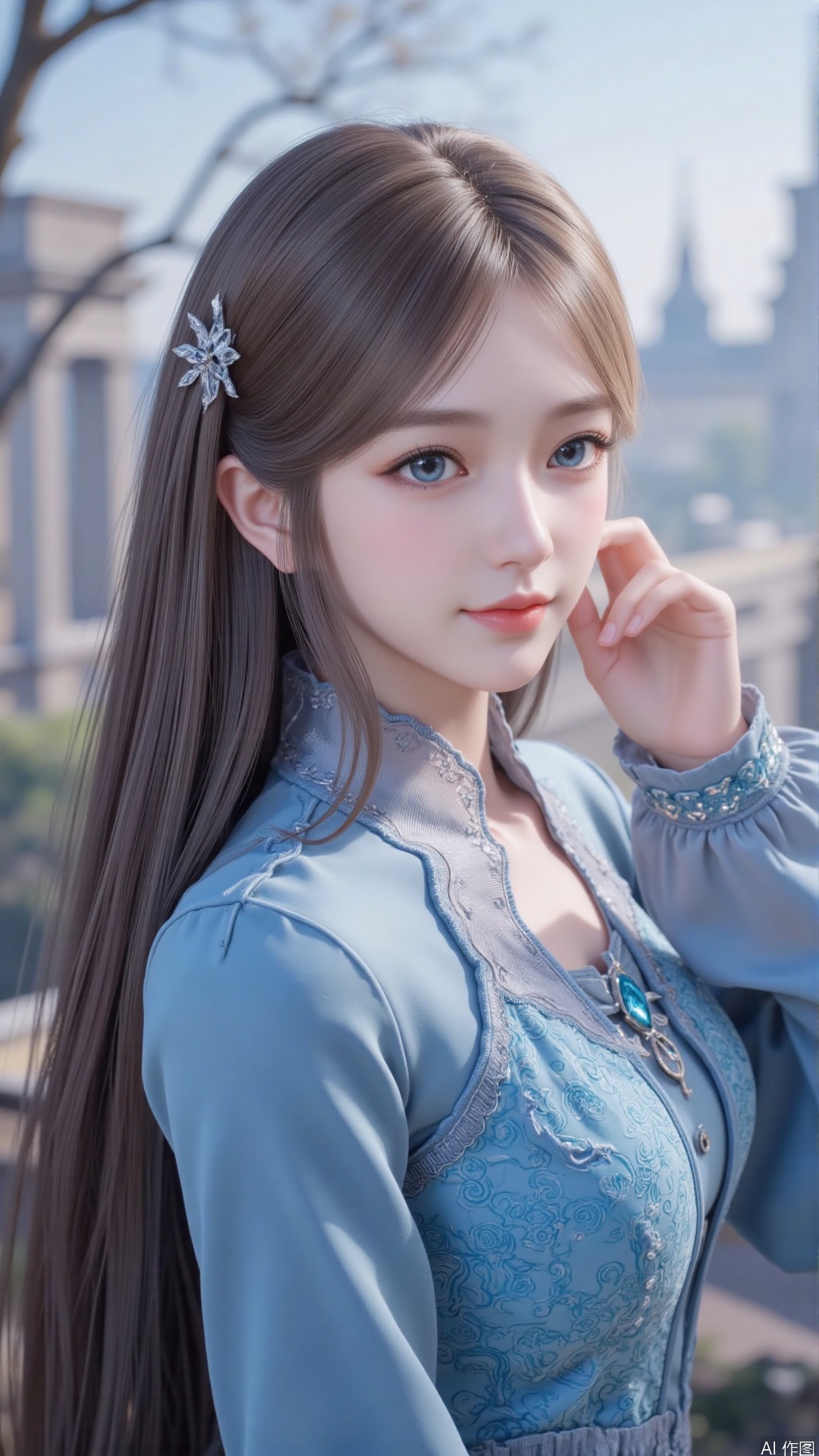 1girl, long hair, solo, dress, brown hair, jewelry, blue dress, blue eyes, hair ornament, mischevious smile, perfect body, scenery, sharp focus, best quality, masterpiece, detailed outfit, illustration, perfect eyes, finely detailed beautiful anime eyes, realistic skin, intricate details, best lighting, depth of field, ultra high resolution,cowboy_shot