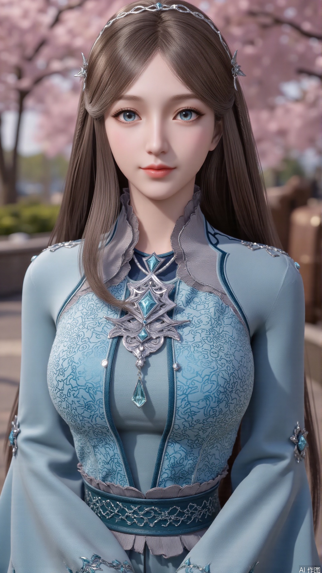 1girl, long hair, solo, dress, brown hair, jewelry, blue dress, blue eyes, hair ornament, mischevious smile, perfect body, scenery, sharp focus, best quality, masterpiece, detailed outfit, illustration, perfect eyes, finely detailed beautiful anime eyes, realistic skin, intricate details, best lighting, depth of field, ultra high resolution,cowboy_shot