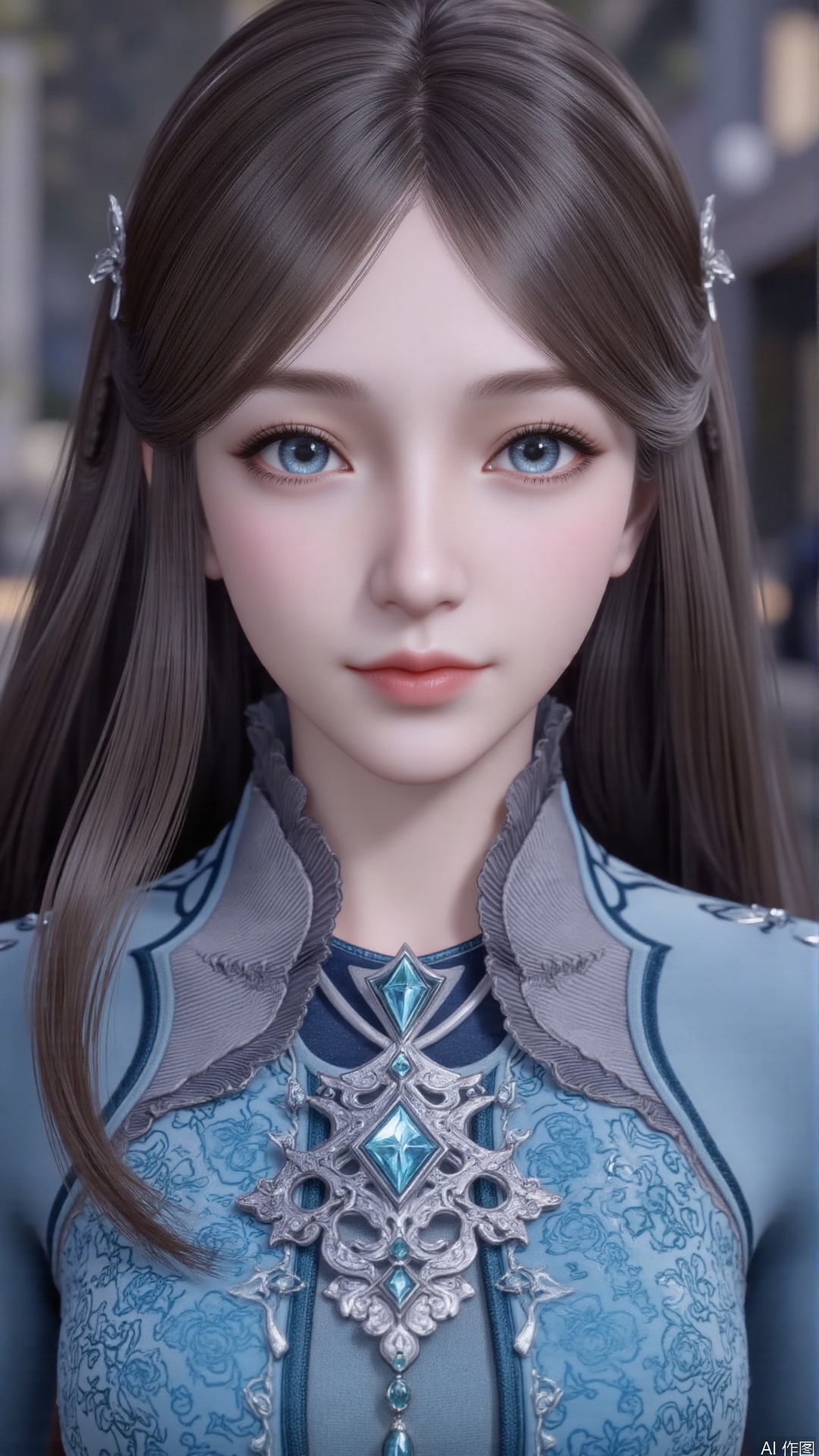 1girl, long hair, solo, dress, brown hair, jewelry, blue dress, blue eyes, hair ornament, mischevious smile, perfect body, scenery, sharp focus, best quality, masterpiece, detailed outfit, illustration, perfect eyes, finely detailed beautiful anime eyes, realistic skin, intricate details, best lighting, depth of field, ultra high resolution,cowboy_shot