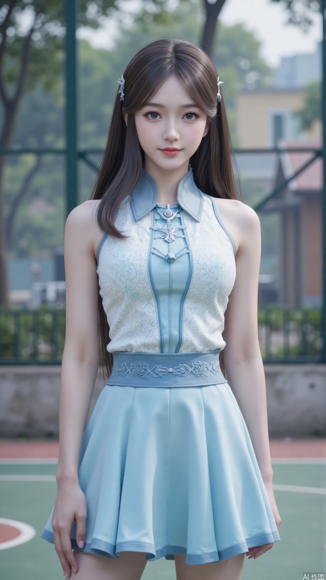 Character: a young Chinese woman playing basketball, white blue sport suit, Gazing at the camera with a soft, serene expression, long black hair, smile
Environment: basketball court. 
Atmosphere: peaceful and serene. 
Quality: masterpiece, high quality, fine details, natural lighting, soft light diffused by mist. best quality,masterpiece
