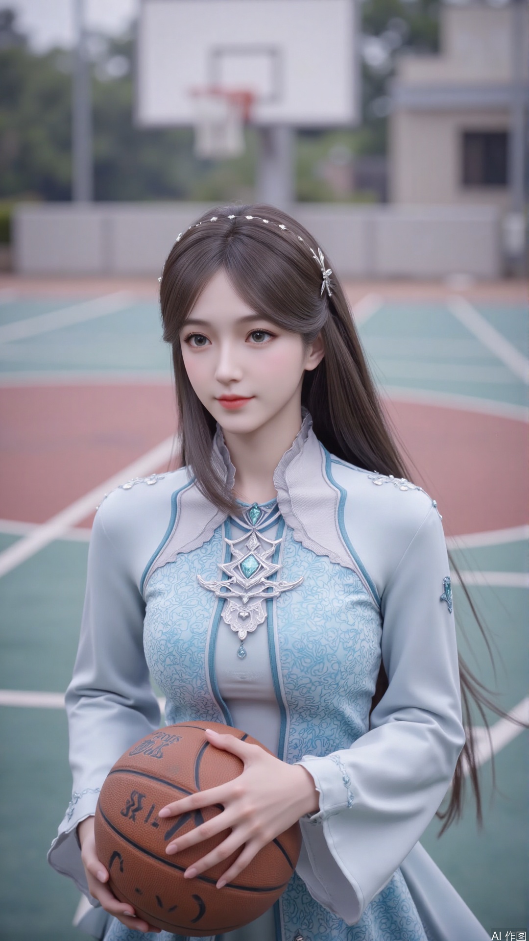 Character: a young Chinese woman playing basketball, white blue sport suit, Gazing at the camera with a soft, serene expression, long black hair, smile
Environment: basketball court. 
Atmosphere: peaceful and serene. 
Quality: masterpiece, high quality, fine details, natural lighting, soft light diffused by mist. best quality,masterpiece