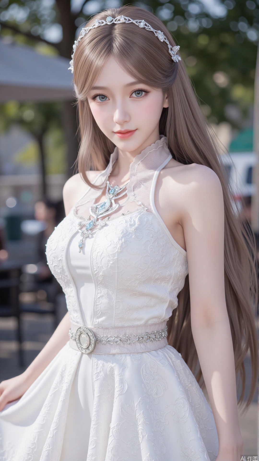 1girl, white wedding dress,looking at viewer, mischevious smile, perfect body, scenery, sharp focus, best quality, masterpiece, detailed outfit, illustration, perfect eyes, finely detailed beautiful anime eyes, realistic skin, intricate details, best lighting, depth of field, ultra high resolution, cowboy_shot, bride