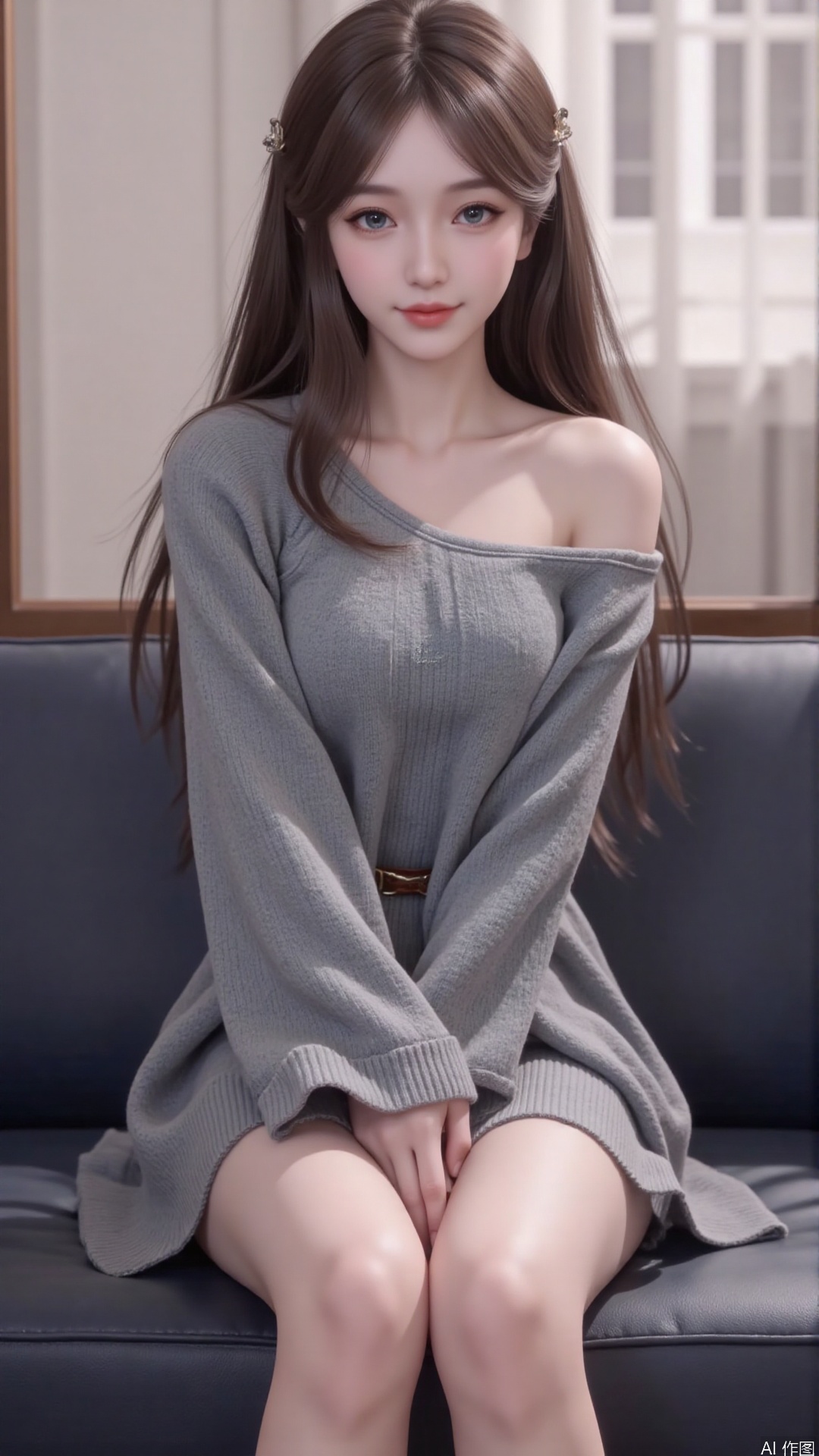 1girl, solo, long hair, looking at viewer, smile, sitting, collarbone, off shoulder, sweater, messy hair, realistic
