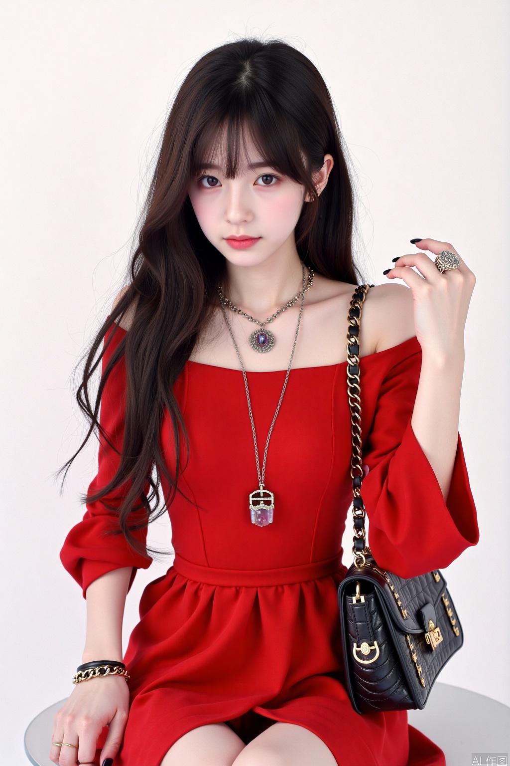1girl,solo,long hair,looking at viewer,black hair,dress,jewelry,sitting,necklace,bag,black eyes,red dress,ring,pale skin,handbag