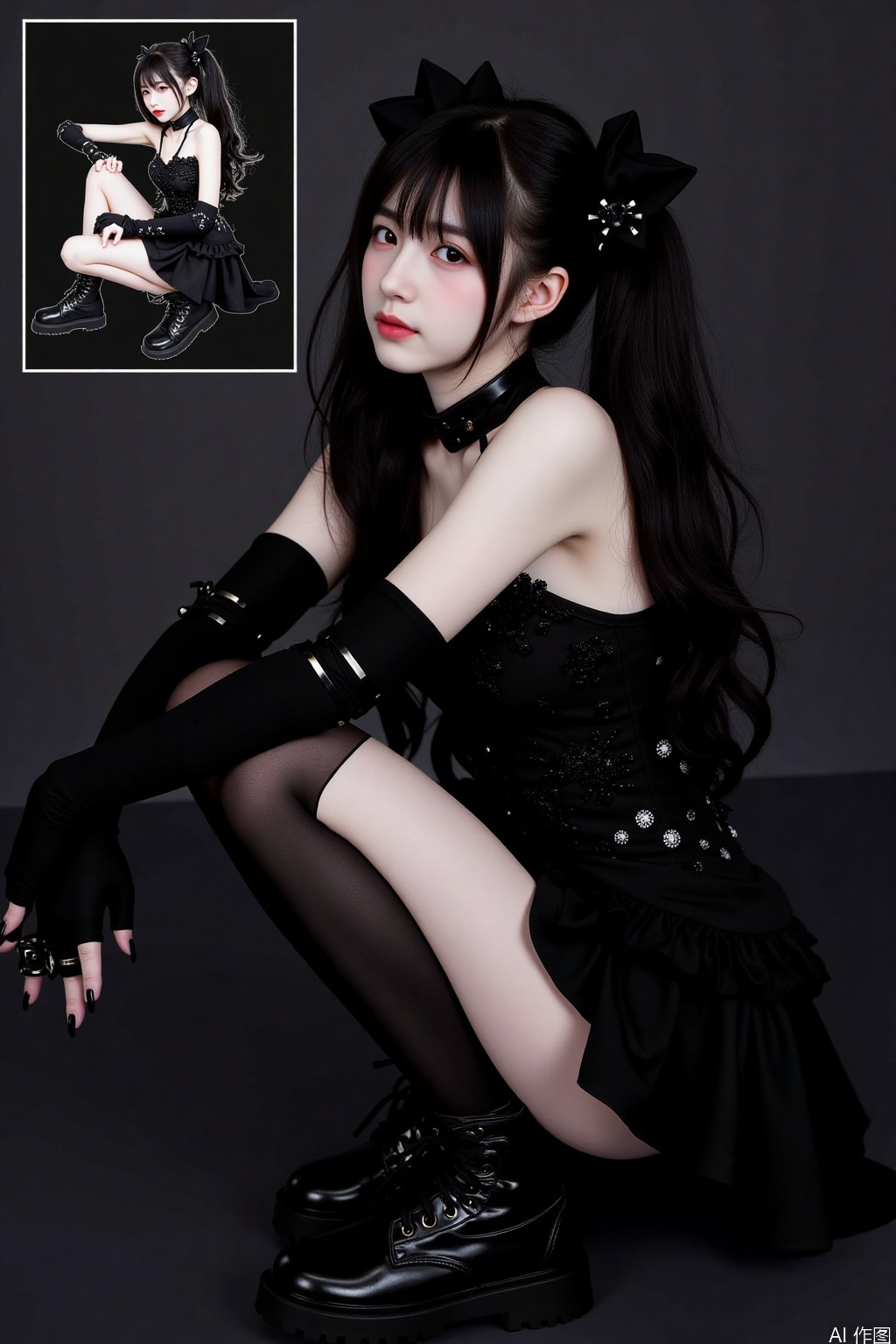 1girl,solo,long hair,looking at viewer,black hair,thighhighs,gloves,dress,twintails,elbow gloves,black footwear,black eyes,black dress,squatting,personification,gothic,reference inset