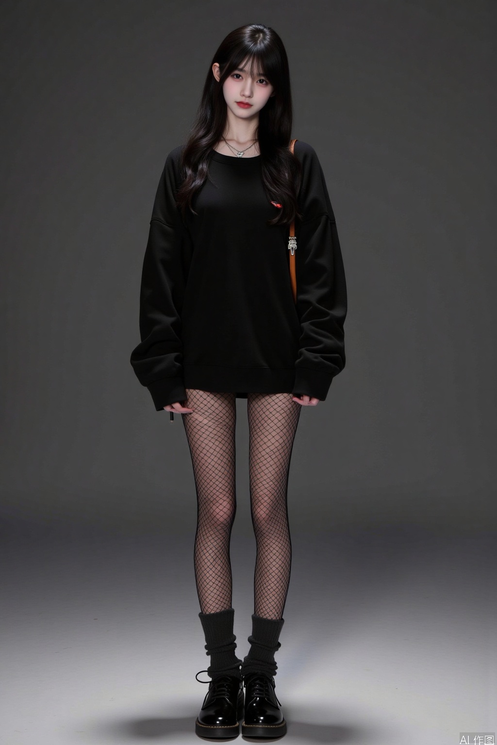 1girl,solo,long hair,looking at viewer,shirt,black hair,long sleeves,jewelry,standing,full body,pantyhose,shoes,shorts,socks,necklace,bag,black footwear,lips,sleeves past wrists,black shirt,realistic,legwear under shorts,loose socks,fashion,polka dot legwear