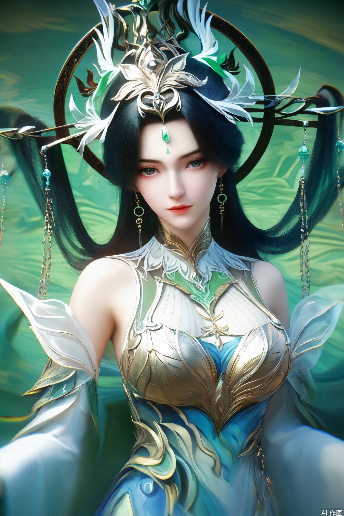 score_9_up,score_8_up,score_7_up,(Masterpiece, Best Quality, High Resolution, 8K Raw),absurdres, highres, Expressiveh,illustration,CG,
1girl, solo, long hair, looking at viewer, black hair, hair ornament, dress, bare shoulders, jewelry, closed mouth, upper body, earrings, forehead mark