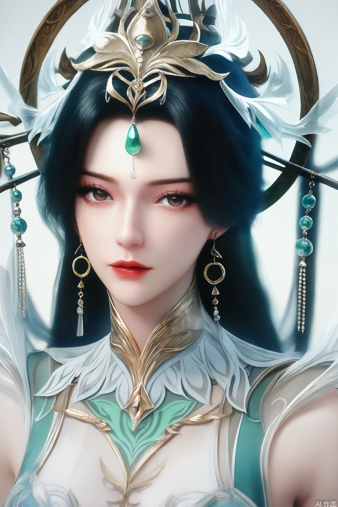 score_9_up,score_8_up,score_7_up,(Masterpiece, Best Quality, High Resolution, 8K Raw),absurdres, highres, Expressiveh,illustration,CG, 
1girl, solo, long hair, looking at viewer, black hair, brown eyes, jewelry, earrings, lips, eyelashes, makeup, gem, portrait, red lips