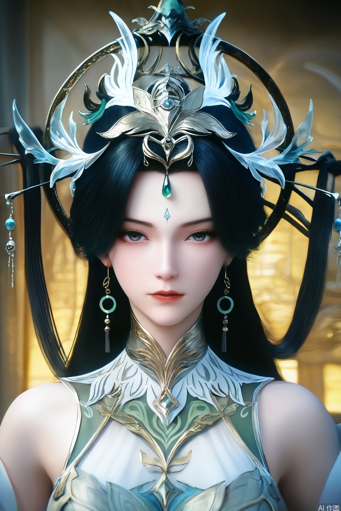 score_9_up,score_8_up,score_7_up,(Masterpiece, Best Quality, High Resolution, 8K Raw),absurdres, highres, Expressiveh,illustration,CG,
1girl, solo, long hair, looking at viewer, black hair, hair ornament, dress, bare shoulders, jewelry, closed mouth, upper body, earrings, forehead mark