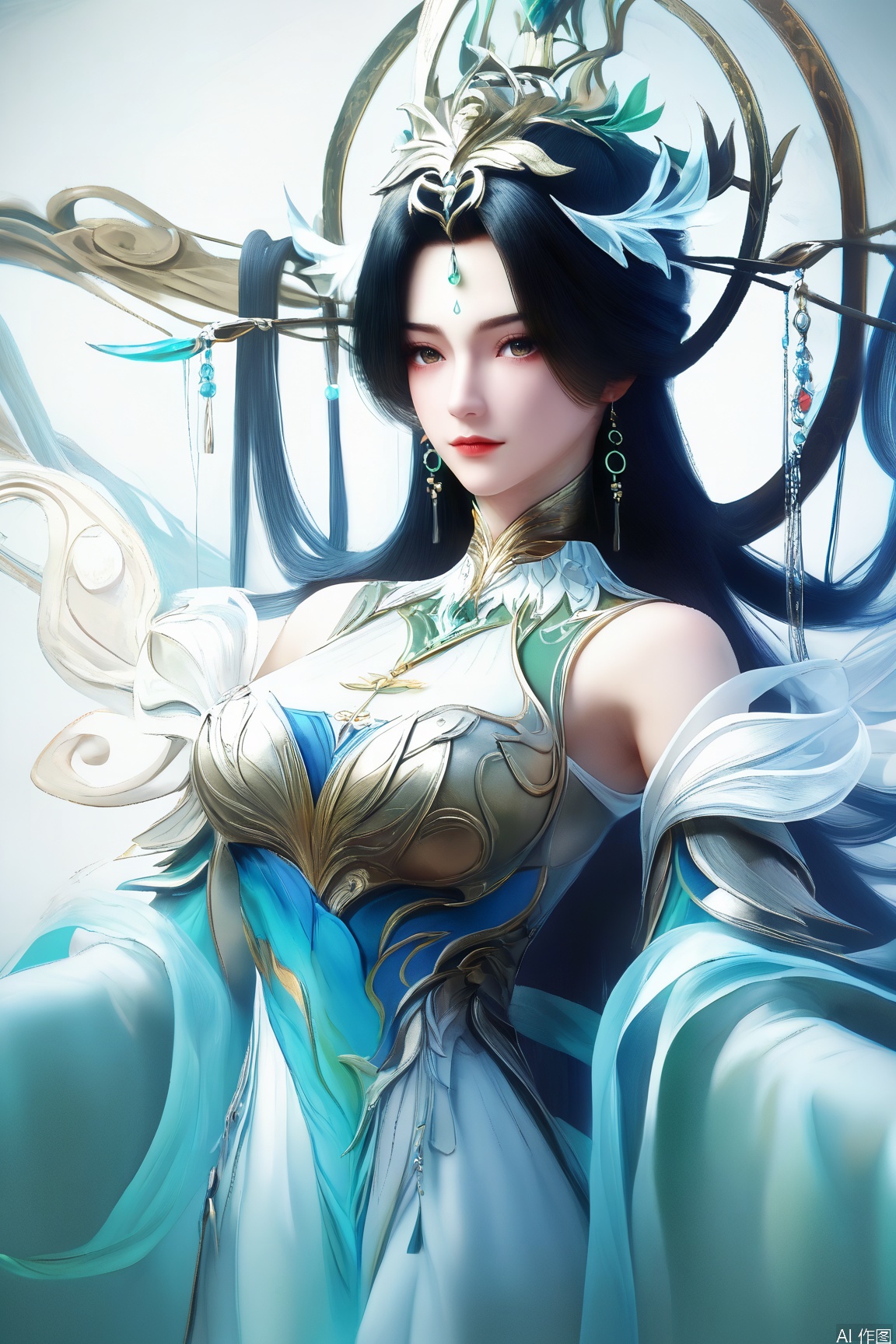 score_9_up,score_8_up,score_7_up,(Masterpiece, Best Quality, High Resolution, 8K Raw),absurdres, highres, Expressiveh,illustration,CG,
1girl, solo, long hair, looking at viewer, black hair, hair ornament, dress, bare shoulders, jewelry, closed mouth, upper body, earrings, forehead mark