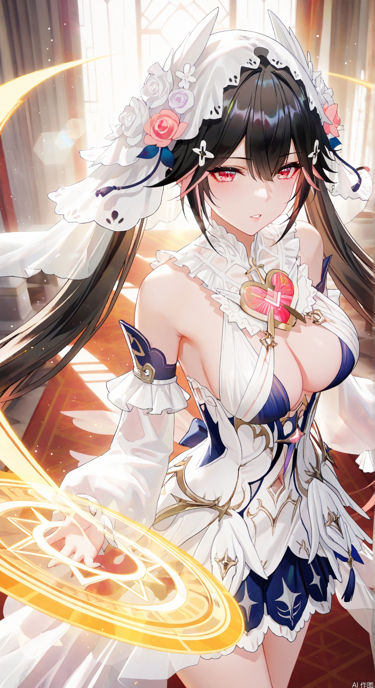 black hair, hair ornament, dress, lucia,1girl,red eyes,solo,twintails,very long hair,flower,detached sleeves,veil,bridal veil,hair flower ,tassel,floating patel,gentle expression,parted lips,depth of field, light particles, lens flare, masterpiece,best quality,((artist:reoen),(artist:fuzichoco),(artist:atdan),(artist:torino_aqua:0.5),year 2024:0.5),(artist:omone_hokoma_agm:0.8), 2d, anime,from above