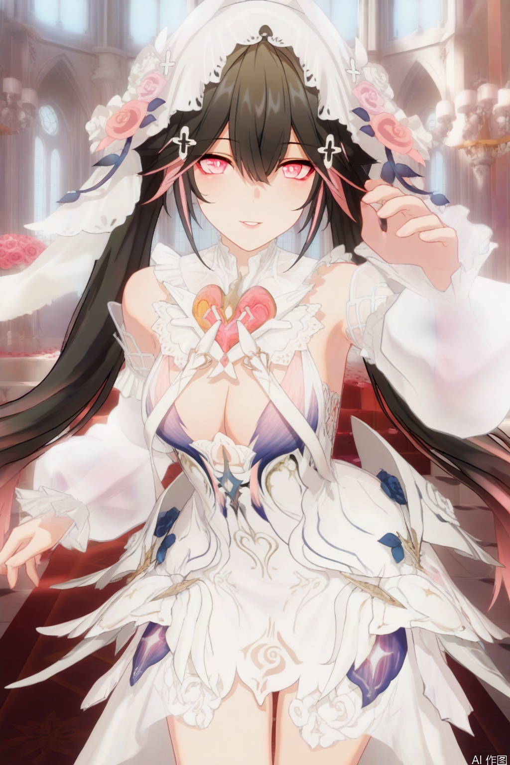 masterpiece,best quality,amazing quality,very aesthetic,absurdres,newest,lucia,
1girl, solo, long hair, breasts, looking at viewer, bangs, black hair, hair ornament, dress, cleavage, hair between eyes, medium breasts,flower, parted lips, detached sleeves, pink eyes, white dress, rose, veil, pink flower, wedding dress,bridal veil, pink rose,smile,