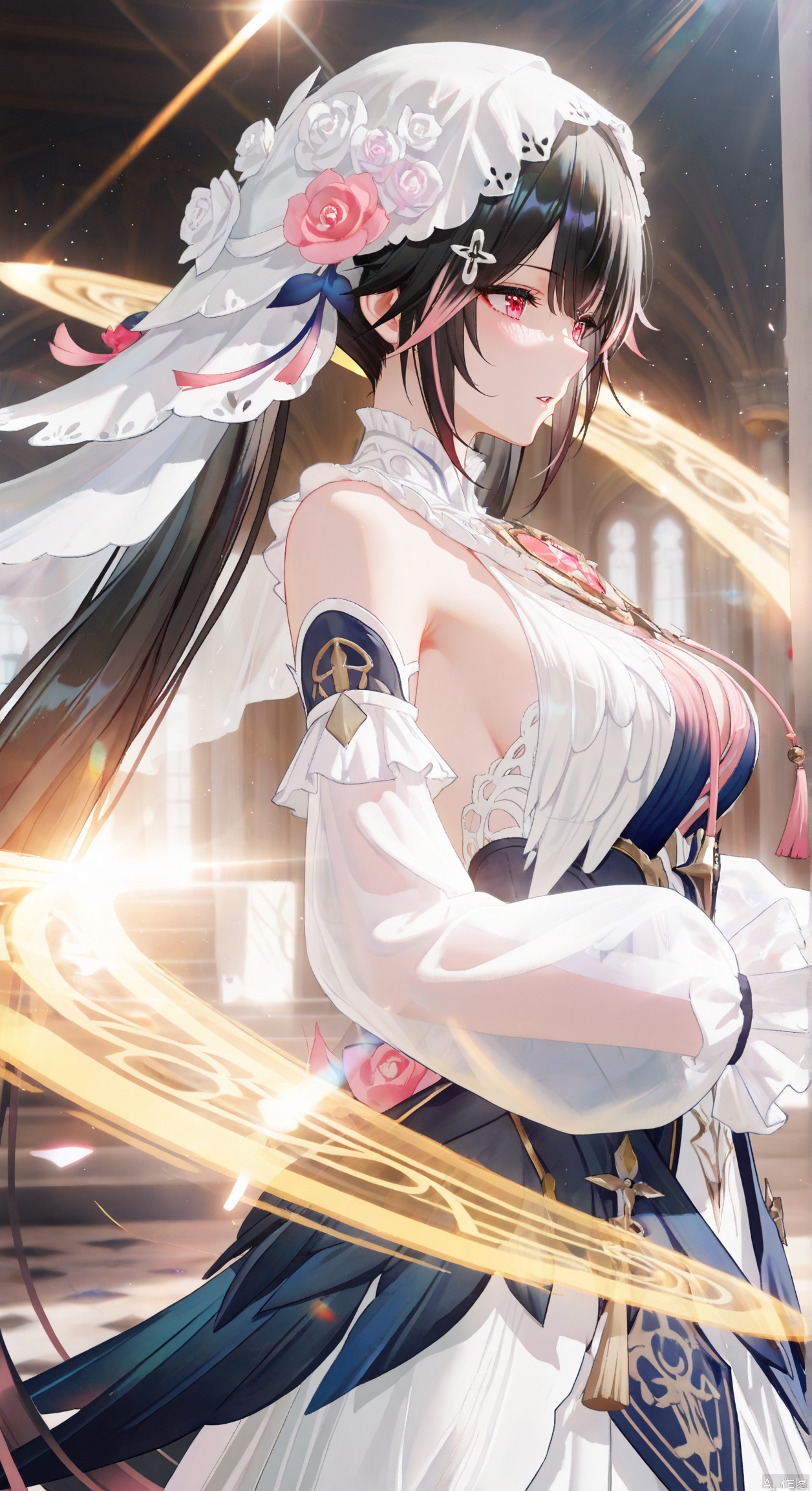 black hair, hair ornament, dress, lucia,1girl,red eyes,solo,twintails,very long hair,flower,detached sleeves,veil,bridal veil,hair flower ,tassel,floating patel,gentle expression,parted lips,depth of field, light particles, lens flare, masterpiece,best quality,((artist:reoen),(artist:fuzichoco),(artist:atdan),(artist:torino_aqua:0.5),year 2024:0.5),(artist:omone_hokoma_agm:0.8), 2d, anime,from side