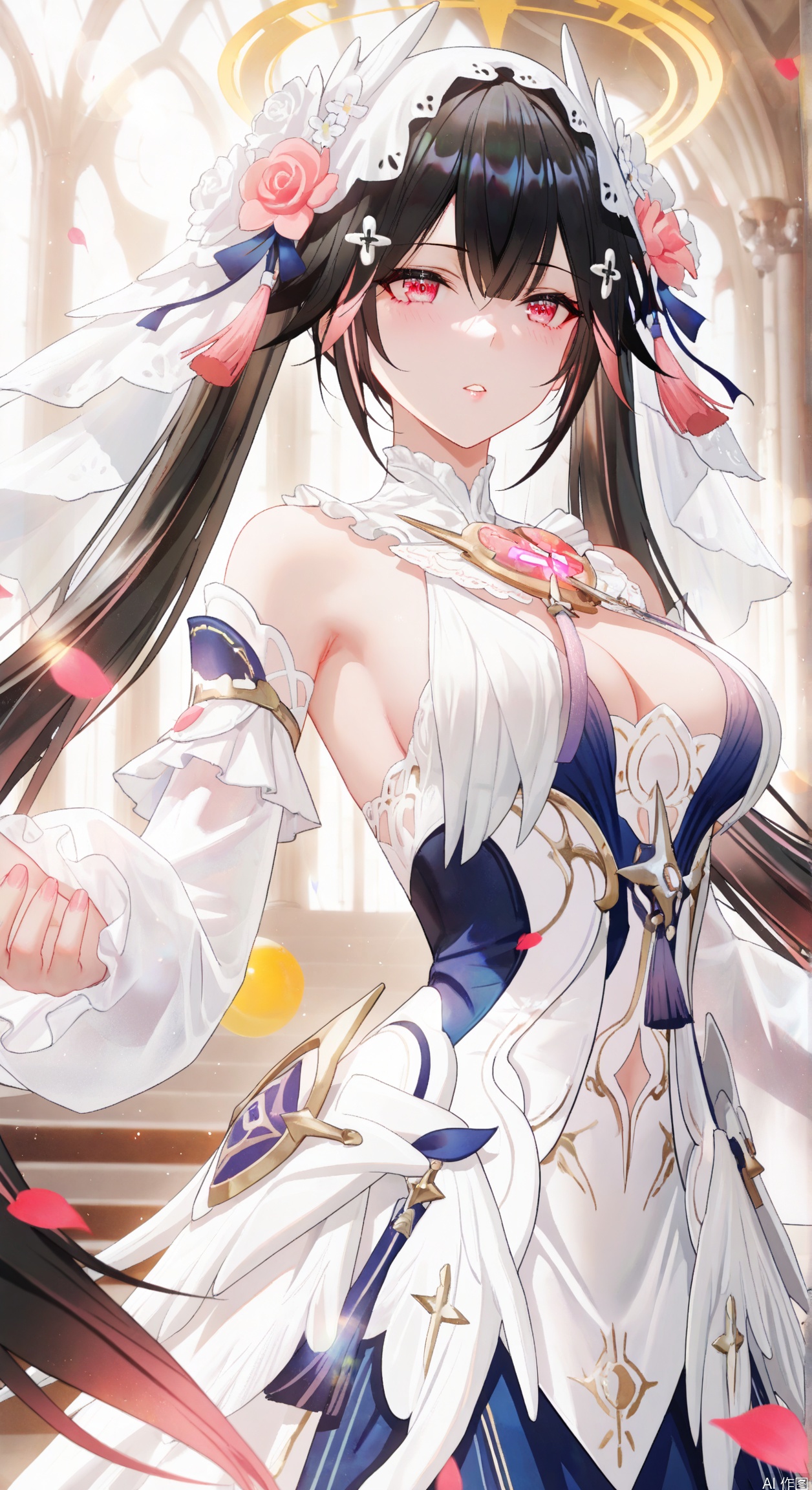 black hair, hair ornament, dress, lucia,1girl,red eyes,solo,twintails,very long hair,flower,detached sleeves,veil,bridal veil,hair flower ,tassel,floating patel,gentle expression,parted lips,depth of field, light particles, lens flare, masterpiece,best quality,((artist:reoen),(artist:fuzichoco),(artist:atdan),(artist:torino_aqua:0.5),year 2024:0.5),(artist:omone_hokoma_agm:0.8), 2d, anime,front view