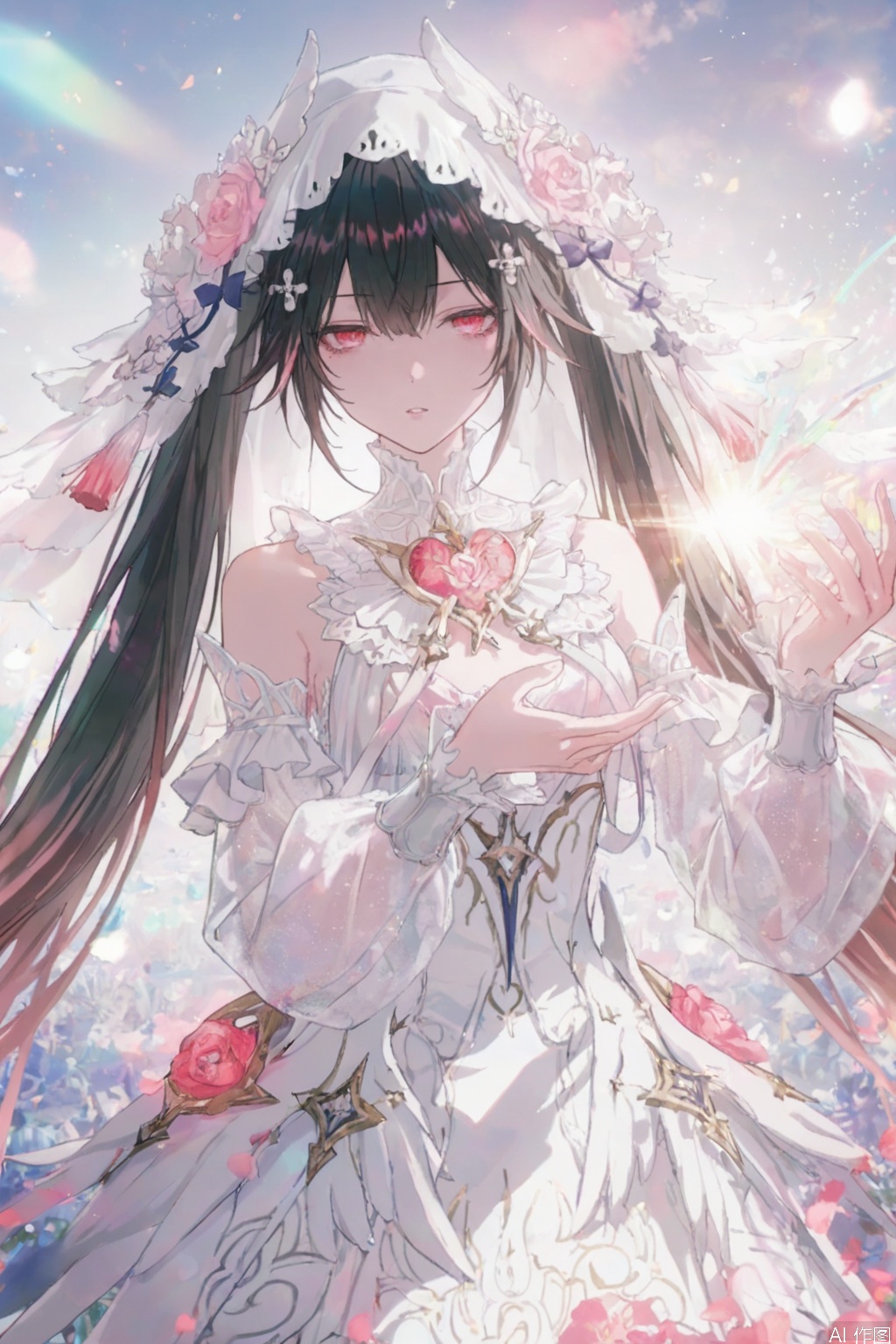 (artist:quasarcake:0.6),lens flare,extreme aesthetic,masterpiece, best quality, backlight,high quality, (Tyndall Effect 1.4),extremely detailed, High Detail, vibrant colors, anime style, cover art,(wanke:0.8),(watercolor \(tira 7:0.8),(lam (ramdayo):0.8),(mochizuki kei:0.8),extreme aesthetic,masterpiece,best quality,good quality,newest,very aesthetic,absurdres,Visual impact,32K UHD,colorful,sharp focus,
black hair, hair ornament, dress, lucia,1girl,red eyes,solo,twintails,very long hair,flower,detached sleeves,veil,bridal veil,hair flower ,tassel,floating patel,gentle expression,parted lips