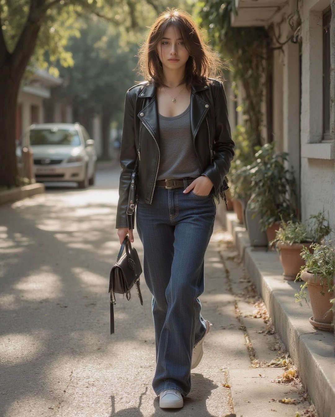 Create a realistic photoshoot for a woman styled in a sexy yet chic ensemble. Capture the image using a Canon EOS 1D camer...