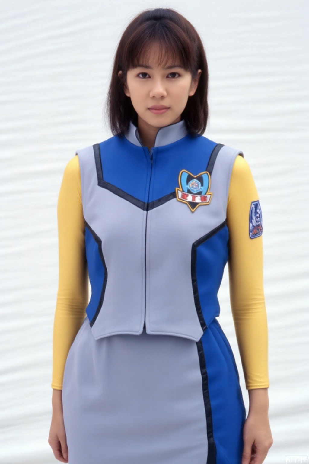masterpiece, best quality,solo,(white background:1.2),simple background,
looking at viewer,XIG,uniform,skirt,sleeveless,jacket,logo,emblem,black legwear,thighband pantyhose