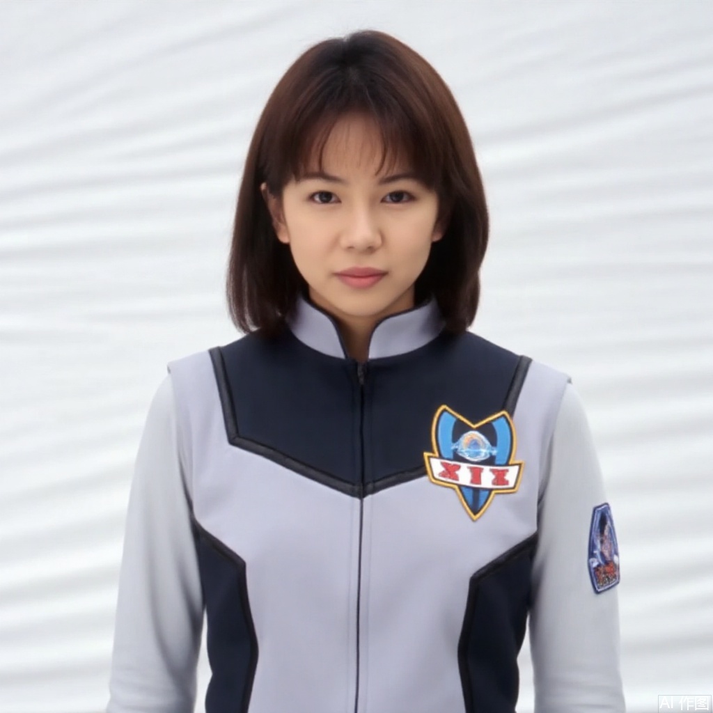 masterpiece, best quality,solo,(white background:1.2),simple background,
looking at viewer,XIG,uniform,skirt,sleeveless,jacket,logo,emblem,black legwear,thighband pantyhose