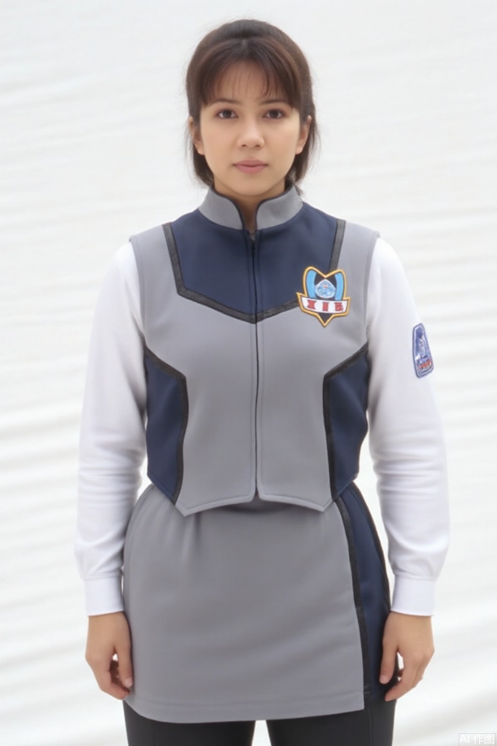 masterpiece, best quality,solo,(white background:1.2),simple background,
looking at viewer,XIG,uniform,skirt,sleeveless,jacket,logo,emblem,black legwear,thighband pantyhose
