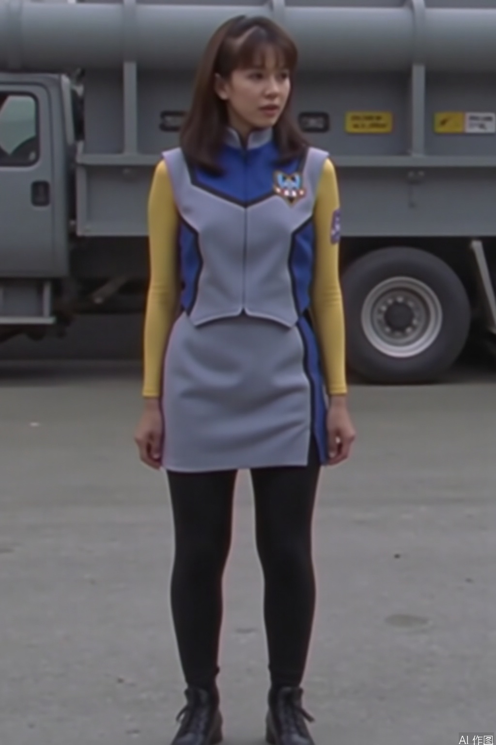 XIG,uniform,skirt,sleeveless,jacket,logo,emblem,black legwear,thighband pantyhose