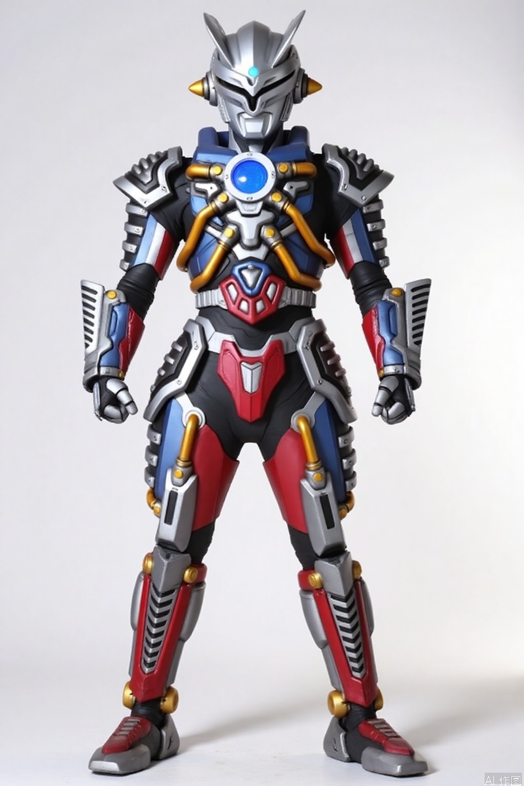 ultraman,silver bodysuit,silver gloves,legwear,gloves,boots,cover,mask,plugsuit,armor,bodysuit,red pattern on body,silver tight-fitting,silver footwear,helmet,leather suit,latex,tokusatsu,no humans,science fiction,silver head,hard mask,no smile,no eyes,no nose,solo,silver rubber bodysuit with red line,armor,helmet,super robot,machinery,mecha