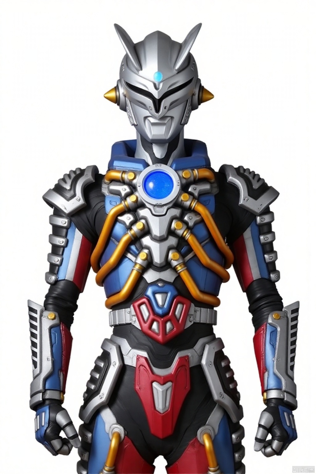 ultraman,silver bodysuit,silver gloves,legwear,gloves,boots,cover,mask,plugsuit,armor,bodysuit,red pattern on body,silver tight-fitting,silver footwear,helmet,leather suit,latex,tokusatsu,no humans,science fiction,silver head,hard mask,no smile,no eyes,no nose,solo,silver rubber bodysuit with red line,armor,helmet,super robot,machinery,mecha
