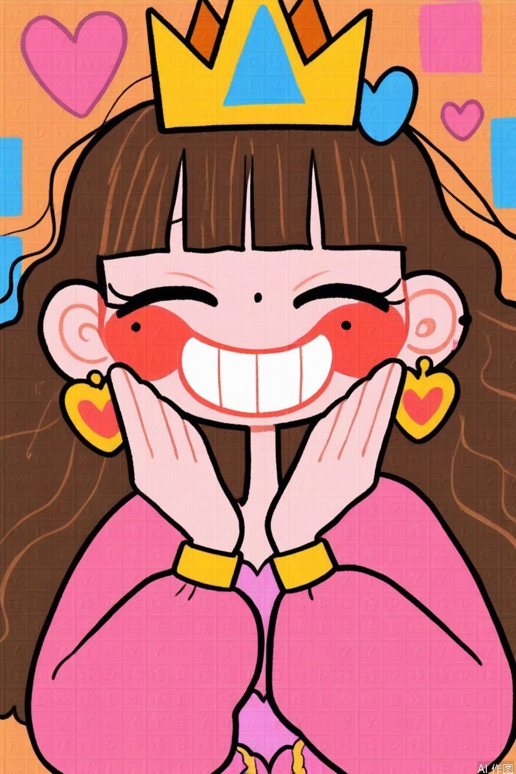 1girl, solo, long hair, smile, bangs, brown hair, long sleeves, dress, jewelry, closed eyes, upper body, heart, earrings, blunt bangs, grin, hands up, blush stickers, crown, pink dress