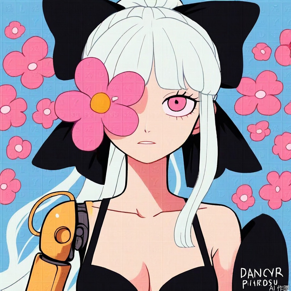1girl, solo, long hair, breasts, looking at viewer, bangs, bow, cleavage, medium breasts, collarbone, upper body, ponytail, flower, white hair, hair bow, parted lips, artist name, pink eyes, black bow, pink flower, mechanical arms, single mechanical arm, prosthesis, prosthetic arm, flower over eye